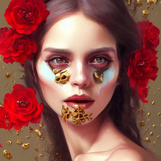 Image similar to A potrait of a women skull head with gold and red flowers, digital painting, by Stanley Artgerm Lau, WLOP, Rossdraws, LeraPi, and Sakimichan, digital painting, trending on ArtStation, deviantart, SFW version