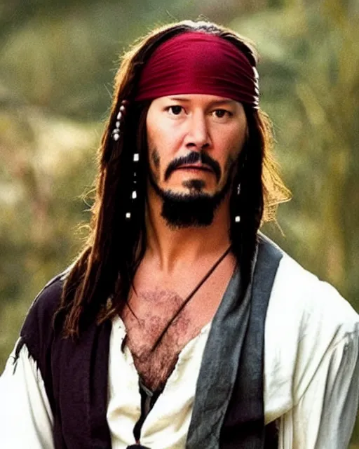 Prompt: Keanu reeves in a role of Captain Jack Sparrow
