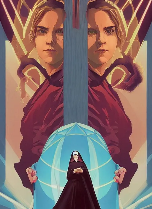 Image similar to poster artwork by Michael Whelan and Tomer Hanuka, Karol Bak of Emma Watson nun and Kiernan Shipka scientist, team up, science vs religion, from scene from Twin Peaks, clean