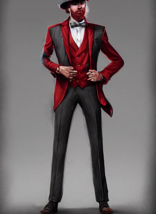 Image similar to a highly detailed illustration of stylish top hat wearing red haired attractive man, wearing suit vest, cool flashy posing, intricate, elegant, highly detailed, centered, digital painting, artstation, concept art, smooth, sharp focus, league of legends concept art, WLOP