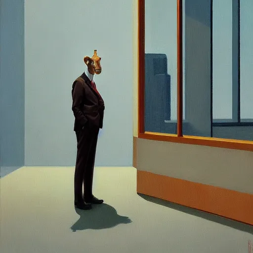 Prompt: Portrait of mr. Giraffe wearing a business suit , very coherent, painted by Edward Hopper, Wayne Barlowe, painted by James Gilleard, airbrush, art by JamesJean