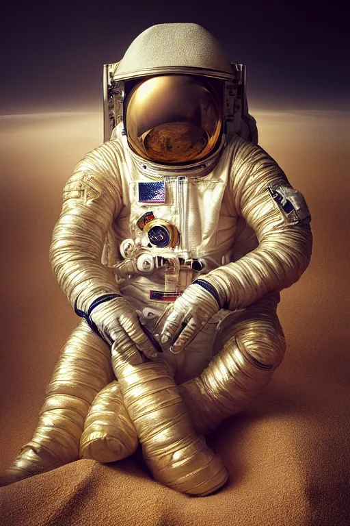 Image similar to extremely detailed studio portrait of space astronaut, helmet under arm, full body, soft light, golden glow, award winning photo by michal karcz and yoshitaka amano