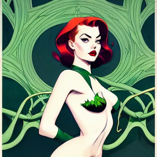 Image similar to joshua middleton, phil noto, artgerm, 1 9 5 0 s rockabilly emma stone poison ivy dc comics, pompadour, vines, symmetrical eyes, city rooftop