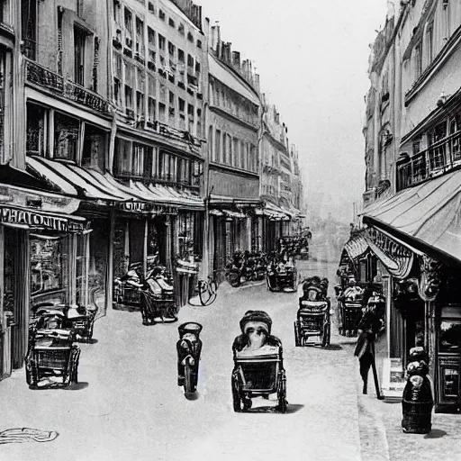 Prompt: une rue de paris vide avec des voitures garees, un restaurant avec une terrasse, des boutiques avec des neons, en debut de matinee en 1 8 3 5