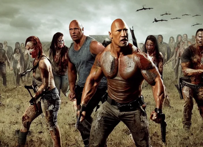 Image similar to film still of dwayne the rock johnson surrounded by zombies in the new walking dead tv series, 4 k