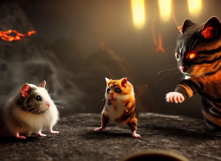 Prompt: hamster fights a cat in mortal kombat at a volcano with shao khan cheering in the background. fantasy magic style. highly detailed 8 k. intricate. lifelike. soft light. sony a 7 r iv 5 5 mm. unreal engine with nanite and path tracing