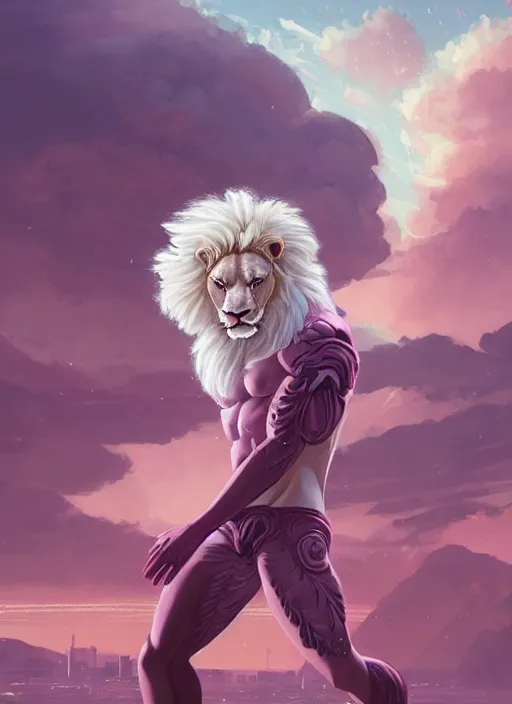 Prompt: aesthetic portrait commission of a of a male fully furry muscular anthro albino lion with a tail and a beautiful attractive hyperdetailed face wearing stylish and creative wearing pink and mint male crop top outfit in a sci-fi dystopian city at golden hour while it storms in the background. Character design by charlie bowater, ross tran, artgerm, and makoto shinkai, detailed, inked, western comic book art, 2021 award winning film poster painting