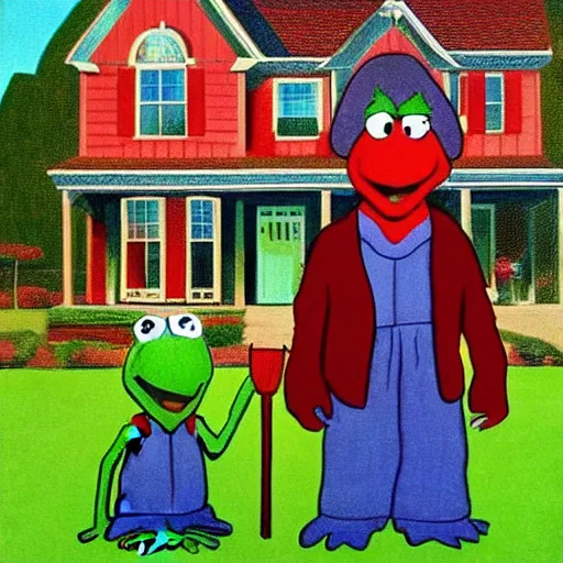 Image similar to kermit and elmo in the style of american gothic by grant wood