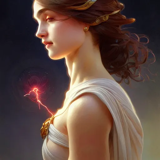 Image similar to portrait of a goddess of elemental lightning, half body, perfect face, d & d, fantasy, intricate, elegant, highly detailed, digital painting, artstation, concept art, smooth, sharp focus, illustration, art by artgerm and greg rutkowski and alphonse mucha