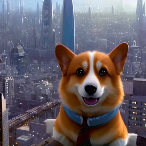 Prompt: enormous cute happy corgi looking over skyscrapers, pixar movie screenshot