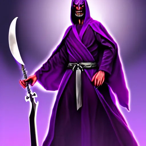 Image similar to demon in purple robe with sword, artstation, fantasy