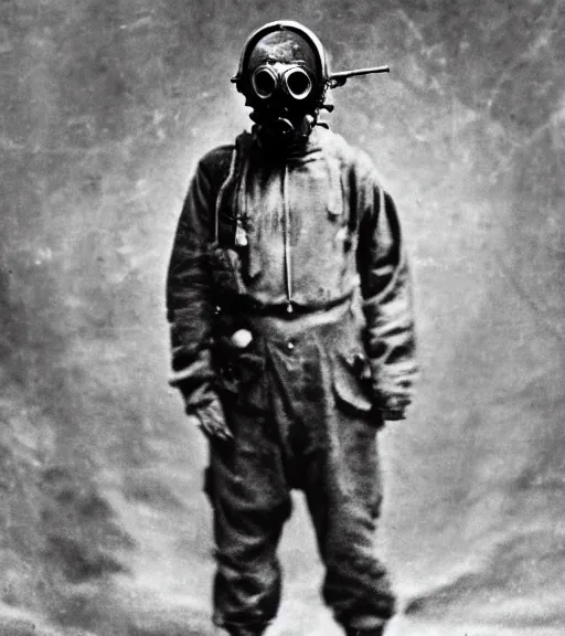 Prompt: a man in a chemical suit and gas mask, ww1 film photo, grainy, high detail, high resolution