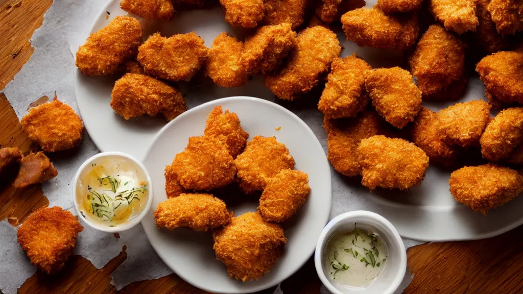 Prompt: A studio photo of a plate of tasty chicken nuggets; the most appetizing photo in the world; trending on artstation; correct perspective; extraordinary masterpiece!!!!!!; 8k