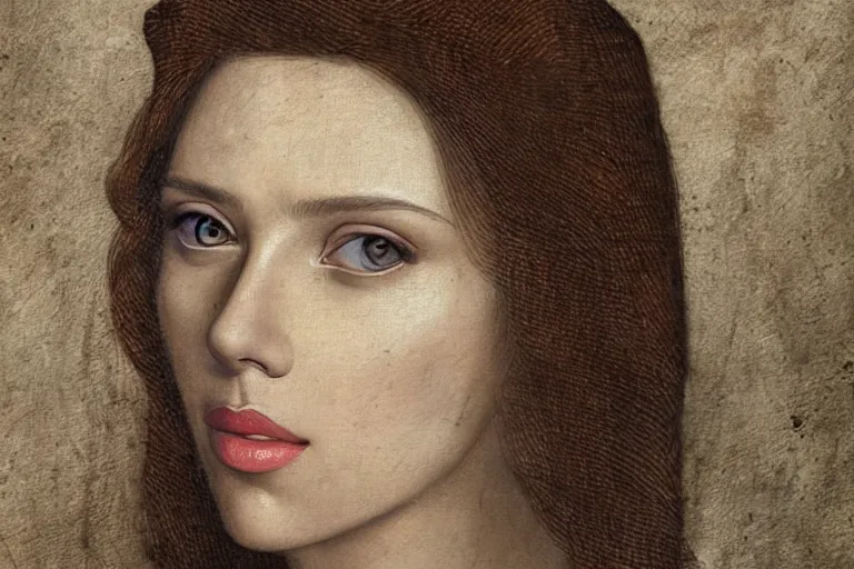 Image similar to a beautiful portrait of scarlett johansson painted by leonardo da vinci