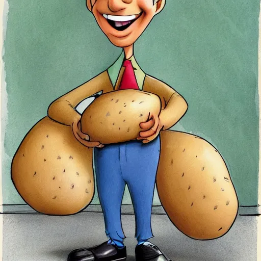 Prompt: a cartoon potato with a cardboard suit and a big smile by Glen Keane
