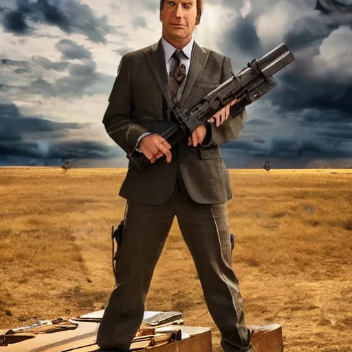 Image similar to Saul Goodman wearing heavy modern military gear and holding a machine gun, highly detailed, 4k