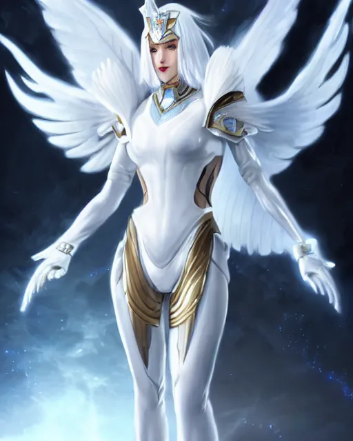 Image similar to perfect white haired attractive egyptian goddess with huge white dove wings, warframe armor, beautiful, symmetric, dreamy, half asian, pretty face, blue eyes, detailed, scifi platform, laboratory, experiment, 4 k, ultra realistic, epic lighting, android body, illuminated, cinematic, masterpiece, art by akihito tsukushi, voidstar