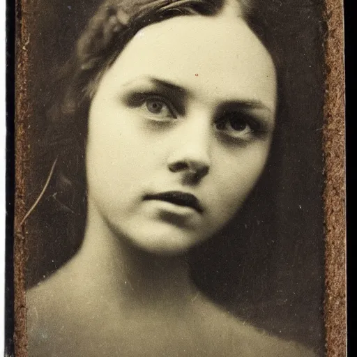 Image similar to antique photograph of a beautiful woman, sad eyes, cracked and faded photo paper, staring at the camera, headshot, dark background, low light, dark