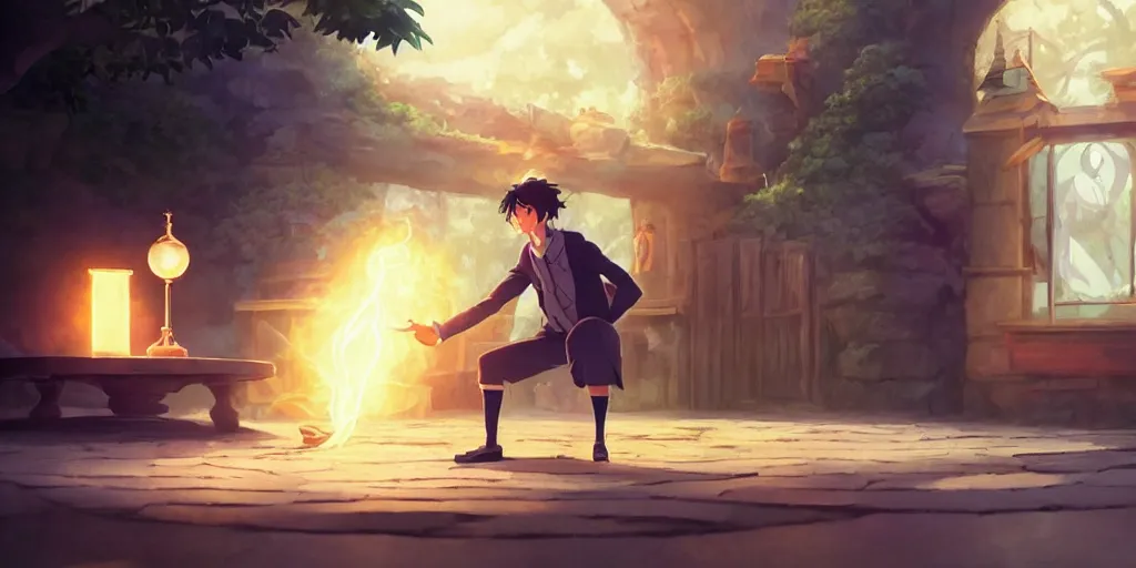 Prompt: a wholesome animation key shot of a focused magician practising spells, medium shot, waist up, studio Ghibli, Pixar and Disney animation, sharp, very detailed, high resolution, Rendered in Unreal Engine 5, anime key art by Greg Rutkowski, Bloom, dramatic lighting