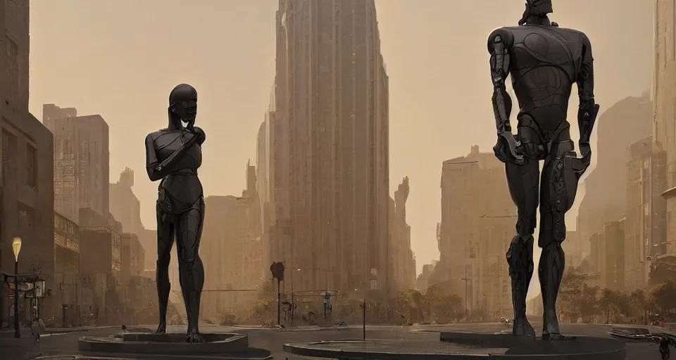 Image similar to cyborg bronze statue stands in the city center. art deco architecture. photorealism, soft light, morning. by greg rutkowski, frank lloyd wright, shaun tan. hyperrealism, dusty, moody, high detail, artstation, digital painting, unreal engine, tonal color scheme.