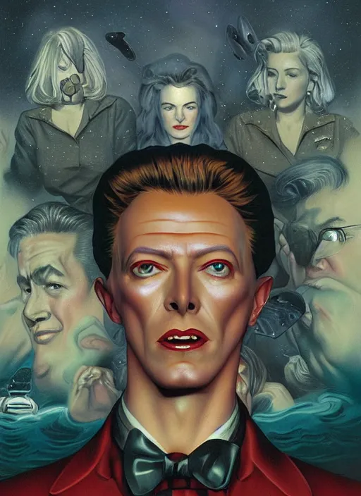 Prompt: twin peaks poster art, old retro pulp, by michael whelan, rossetti bouguereau, artgerm, nostalgic, old fashioned, david bowie floating through the cosmo outer space