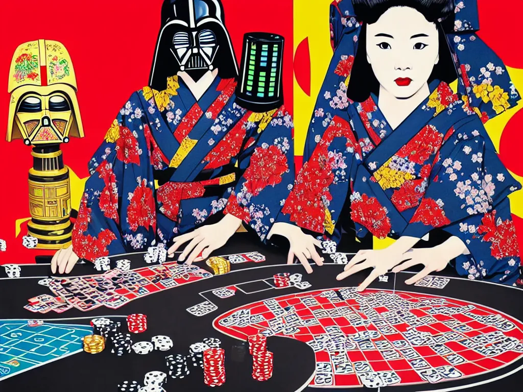 Image similar to hyperrealistic composition of the detailed woman in a japanese kimono with a c 3 p 0 robot head sitting at a extremely detailed poker table with darth vader, fireworks, mountain fuji on the background, pop - art style, jacky tsai style, andy warhol style, acrylic on canvas