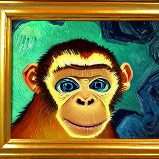 Image similar to a beautiful oil painting of a monkey in a tesla , 8k , award winning , made in 1800's , old , painted by vincent van gogh