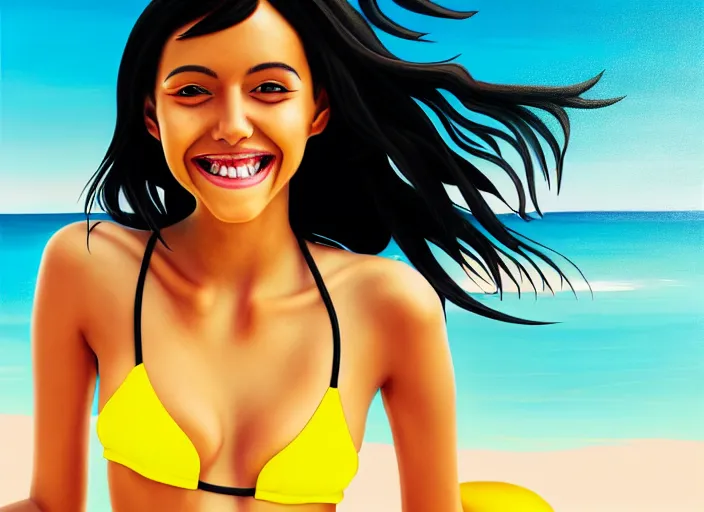 Image similar to a girl with black hair, with a very beautiful symmetrical face, a smile on her face, tanned skin, in a yellow bikini, against the background of a sea beach, in art style, high detail, digital painting