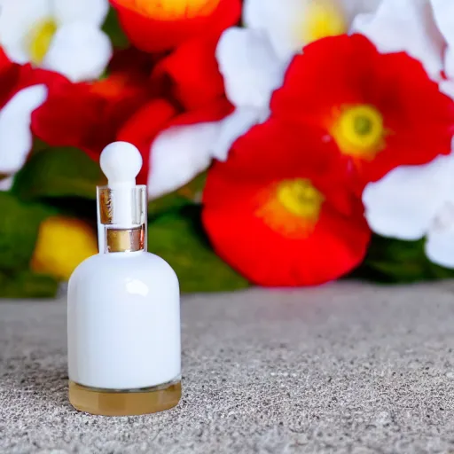 Image similar to perfume bottle sitting on a white surface surrounded by a plethora of red and white and peach flowers, bright white realistic, up close shot, white background, zen, light, modern minimalist f 2 0 blurry background