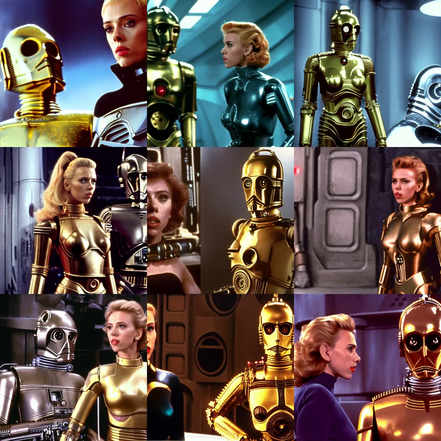 Image similar to a still of Scarlett Johansson next to C3PO in return of the jedi (1983)