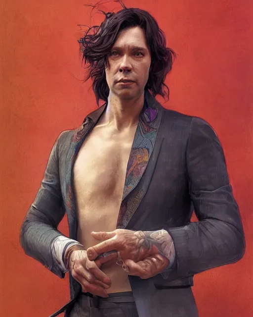 Image similar to character portrait of rufus wainwright, intricate, wild, highly detailed, digital painting, artstation, upper body, concept art, smooth, sharp focus, illustration, art by artgerm and greg rutkowski and alphonse mucha