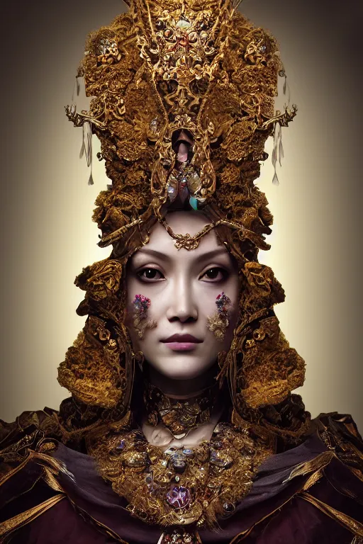 Image similar to a beautiful empress portrait, with a brilliant, impossible striking big organic matter subsurface scattering material headpiece, clothes entirely made out of organic subsurface scattering material, symmetrical, dramatic studio lighting, rococo, baroque, jewels, asian, hyperrealism, closeup, D&D, fantasy, intricate, elegant, highly detailed, digital painting, artstation, octane render, 8k, concept art, matte, sharp focus, illustration, art by Artgerm and Greg Rutkowski and Alphonse Mucha