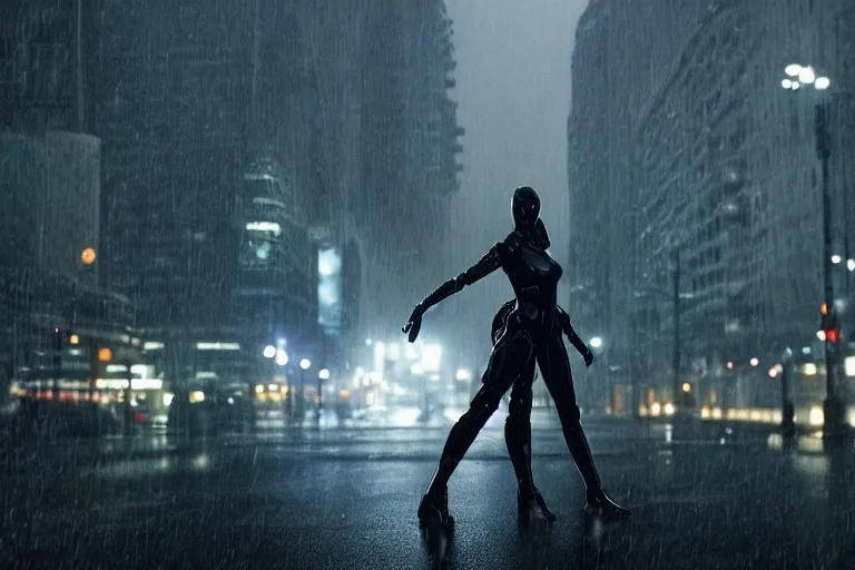 Image similar to vfx marvel sci-fi woman black super hero robot photo real, city street cinematic lighting, rain and fog by Emmanuel Lubezki