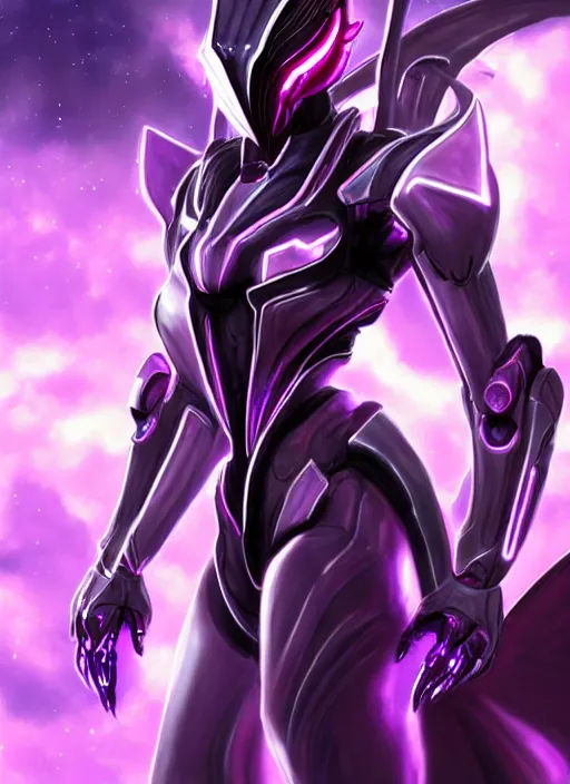 Image similar to cinematic goddess body shot, galactic sized proportional stunning beautiful hot female warframe, sleek mecha female dragon head, metal ears, led purple eyes, smooth fuschia skin, smooth silver armor, floating in space, holding a galaxy, epic proportions, epic size, epic scale, furry art, dragon art, giantess art, warframe fanart, furaffinity, octane