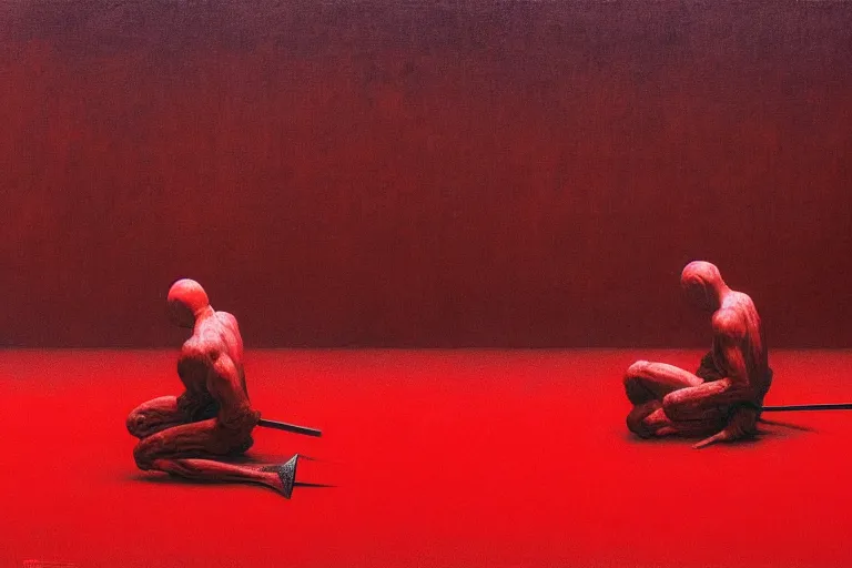 Image similar to only with red, a red samurai do seppuku, tokio, a lot of frogs watch, in the style of beksinski, parts by edward hopper, parts by rodcenko, parts by yue minjun, intricate and epic composition, red by caravaggio, insanely quality, highly detailed, masterpiece, red light, artstation, 4 k