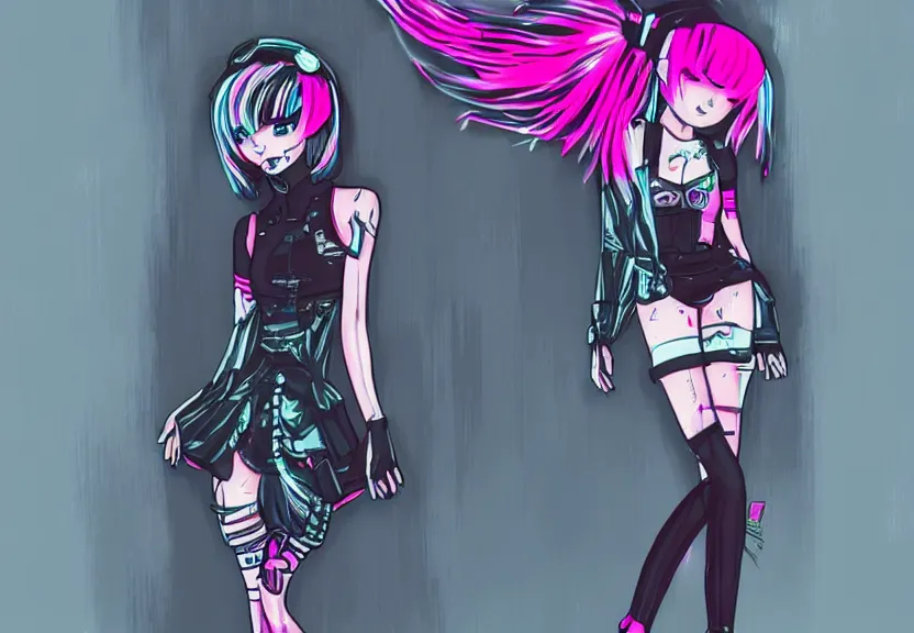 Image similar to little android girl with eccentric pink haircut wearing dress made by black feather, cyberpunk, anime style artwork, dark, neon, anatomically perfect