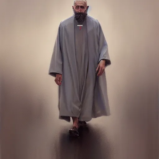 Prompt: An oil painting of a man dressed in priest robes, 50 years old, short grey hair, trimmed beard, sharp facial features, beautiful, highly detailed, by Cédric Peyravernay, trending on artstation