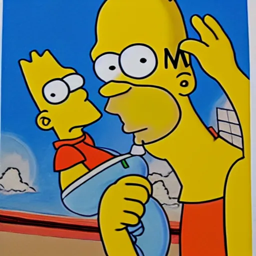 Image similar to a painting of homer simpson eating bart simpson in the style of saturn devouring his son