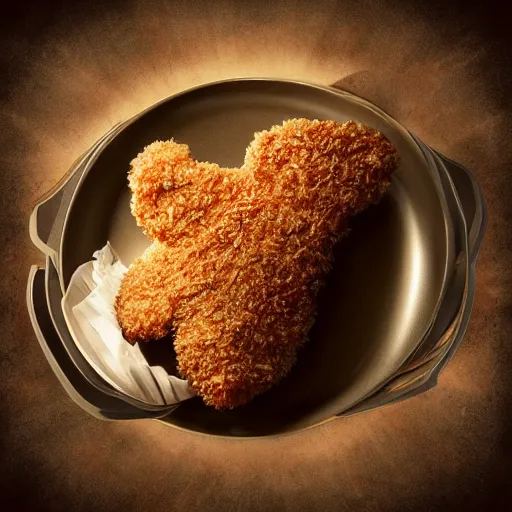 Prompt: breaded chicken sitting on the king’s throne with a crown of a king in top of it, hyper realistic, 4k