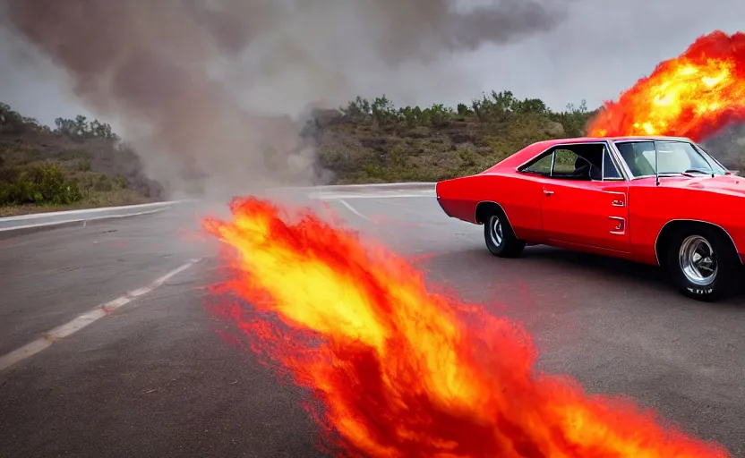 Image similar to a red 1 9 6 8 dodge charger r / tdriving high speed, fire explosion in the background, action scen. realistic. high resolution. dramatic