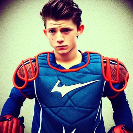 Image similar to “a realistic photo of a guy who is an attractive baseball player man who is part cyborg and part humanoid, who is a robot, Tom Holland, shiny skin, blue eyes”