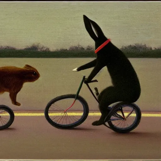 Prompt: a rabbit is chasing a car on a bicycle, by michael sowa.