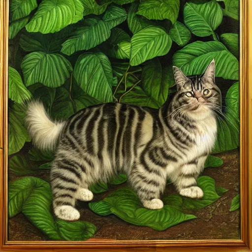 Prompt: a reneissance painting of a maincoon cat among big green leaves, very detailed, in the style of mantegna