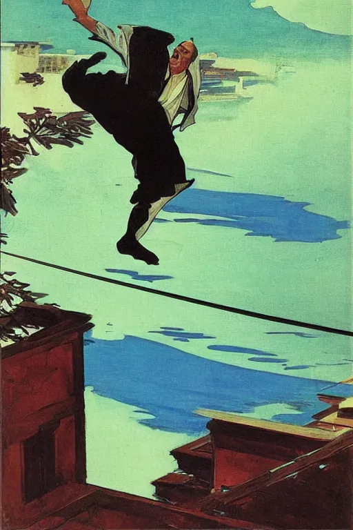 Image similar to a ninja jumping from the roof at night by joaquin sorolla, syd mead, hokusai