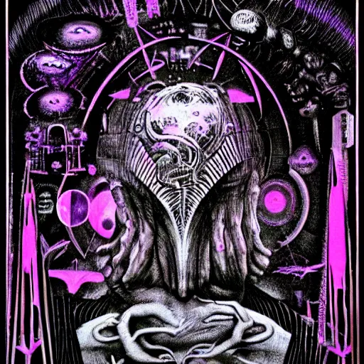 Image similar to post - punk new age album cover, magic, apocalypse, psychedelic, black white pink, magic, giger h. r.