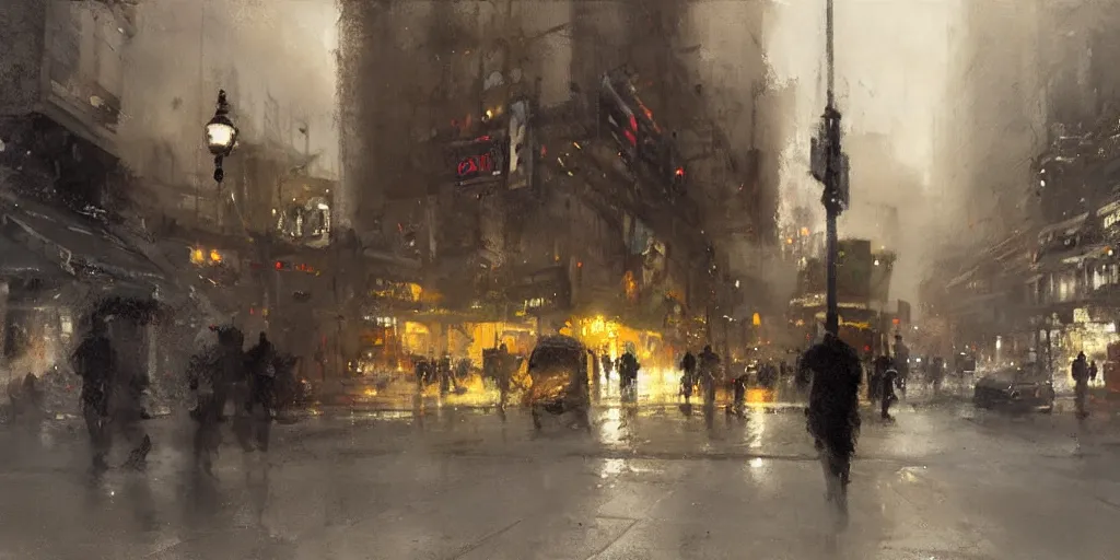 Prompt: street scene, volumetric lighting, painting by jeremy mann