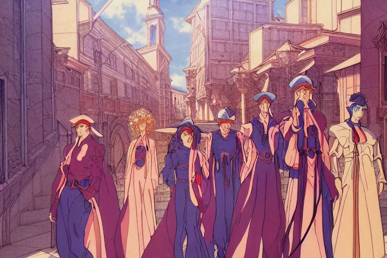 Prompt: cel shaded study of a group of mages in a late renaissance city, key visual with intricate linework, in the style of moebius, ayami kojima, 9 0's anime, retro fantasy