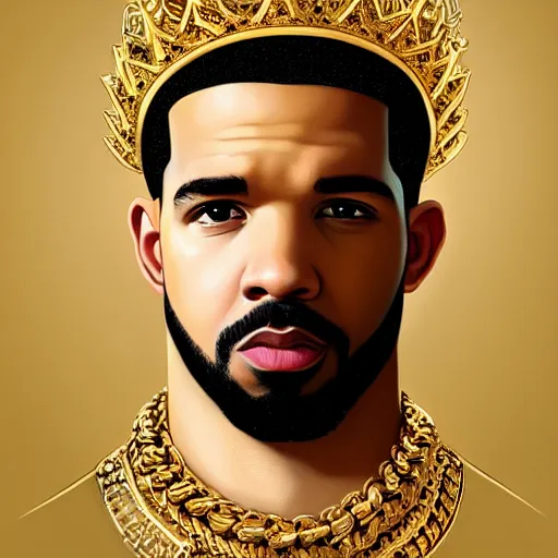 Image similar to highly detailed portrait of drake wearing a gold crown and gold chains, realistic portrait, symmetrical, highly detailed, digital painting, artstation, concept art, smooth, sharp focus, illustration, cinematic lighting, art by artgerm and greg rutkowski and alphonse mucha