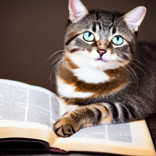 Prompt: adorable cat reading the bible, award winning dslr photography, studio lighting