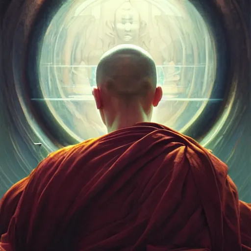 Image similar to ultra realistic illustration, buddhist monk meditating, cyberpunk, sci-fi, fantasy, intricate, elegant, highly detailed, digital painting, trending on artstation, sharp focus, illustration art in the style of artgerm, by greg rutkowski, by albrecht durer W 1024